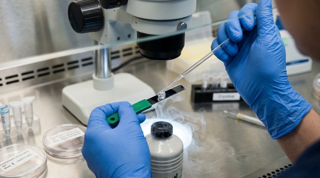 Embryologist working with embryo cryopreservation equipment