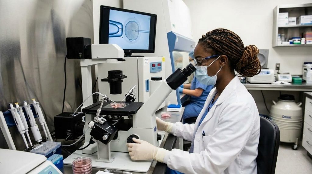 Embryologist performing ICSI treatment in a fertility laboratory