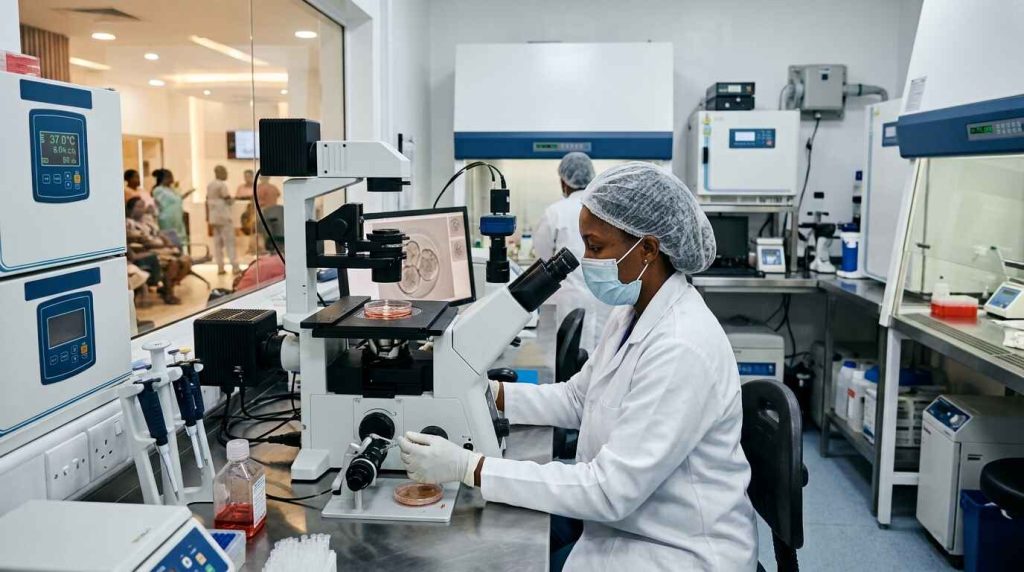 Fertility specialist examining an embryo under a microscope in an advanced in-house IVF laboratory in Lagos.