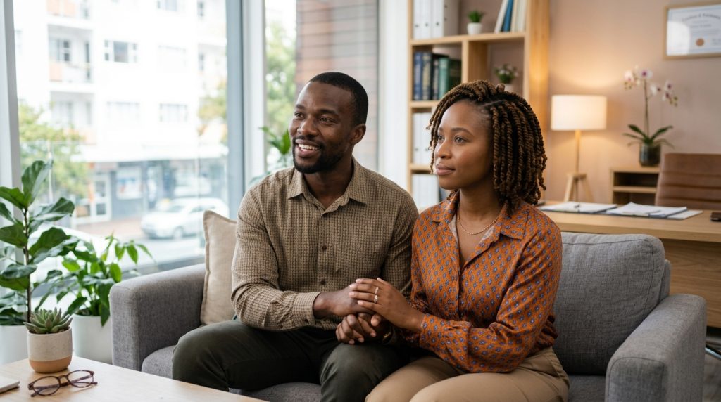 Couple discussing Transport IVF with a fertility specialist