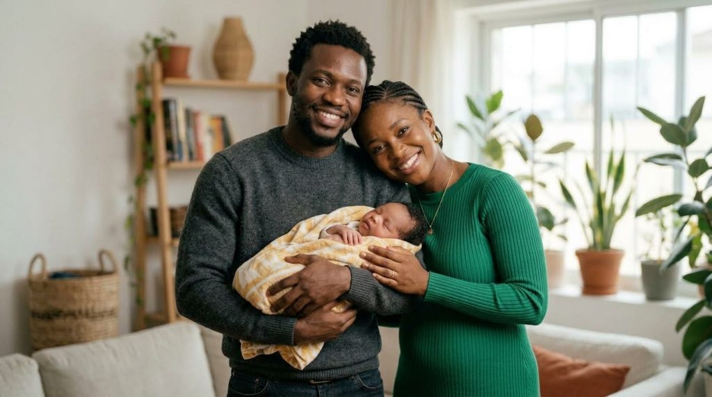 Nigerian couple holding their baby at Iatros Specialist Hospital in Isheri