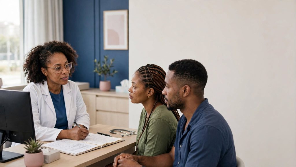 Nigerian couple discussing fertility care with a specialist