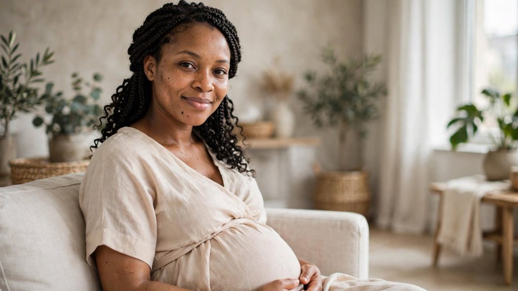 Pregnant Black woman in a beige dress sitting on a sofa and gently holding her baby bump at home.